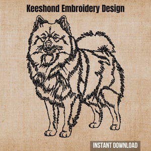 May include: A black thread embroidery design of a Keeshond dog standing in profile, featuring detailed fur texture and a curled tail. The text Keeshond Embroidery Design appears at the top, and Instant Download is at the bottom.