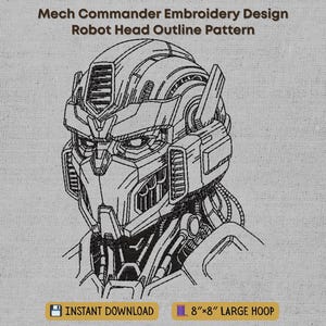 May include: Black and white line art of a robot head, featuring intricate mechanical details. The design is labeled "Mech Commander Embroidery Design Robot Head Outline Pattern." Includes "Instant Download" and "8"x8" Large Hoop" text.