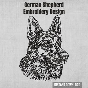 Peut inclure: Motif de broderie noir et blanc d'une tête de berger allemand, tournée vers la droite. Le texte "German Shepherd Embroidery Design" est en haut. Les mots "Instant Download" sont en bas.