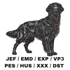 May include: An embroidered design of a black dog in a standing pose, with a fluffy coat and a detailed texture. The image includes text at the bottom: JEF / EMD / EXP / VP3 PES / HUS / XXX / DST. The dog is set against a white background.