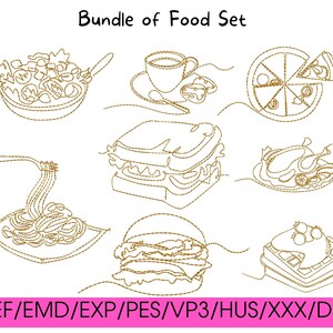 May include: A set of eight embroidery designs featuring various food items, including a pizza, a sandwich, a bowl of pasta, a burger, a plate of food, a cup of coffee, and a waffle. The designs are outlined in gold thread and are suitable for embroidery machines.