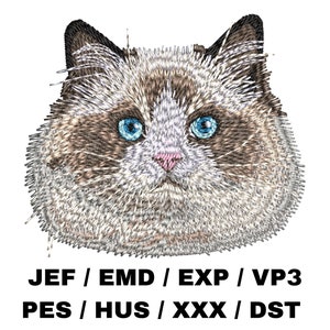 Puede incluir: Imagen bordada de un gato blanco y marrón con ojos azules. La cara del gato es el foco de la imagen. El texto "JEF / EMD / EXP / VP3 PES / HUS / XXX / DST" está debajo de la imagen.