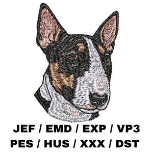 Peut inclure: Image brodée d'une tête de chien Bull Terrier. Le chien a un pelage noir, blanc et beige avec des coutures détaillées. L'image comprend le texte "JEF / EMD / EXP / VP3 PES / HUS / XXX / DST" en noir, sous la tête du chien.
