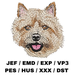 May include: Embroidered image of a brown and white dog's head with a pink tongue sticking out. The dog has a fluffy coat and is looking directly at the viewer. The image is surrounded by text that reads "JEF / EMD / EXP / VP3 PES / HUS / XXX / DST".
