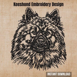 May include: A black machine embroidery design of a Keeshond dog head, featuring detailed fur texture and facial features. The text Keeshond Embroidery Design is at the top, and the text INSTANT DOWNLOAD is at the bottom right corner.