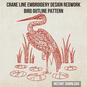 Japanese Red Crown Crane Redwork Machine Embroidery Design 6x6 7x7 8x8 Hoop | Asian Bird Line Art File pes dst jef vp3 hus exp