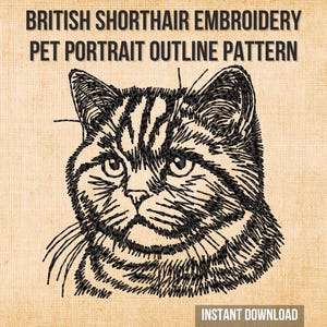 Britisch Kurzhaar Katze, Stickdatei | Realistische Katze Line Art Stickmaschine Stickmuster | Tierportrait Sofort Download