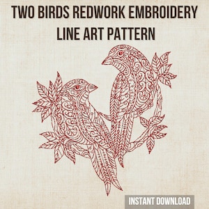 Birds on Tree Branch Redwork Machine Embroidery Design 5x7 6x10 Hoop | Songbirds Nature Line Art Digital Download PES DST JEF