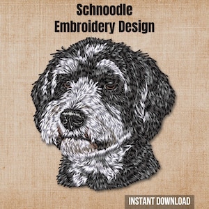 May include: An embroidery design featuring a Schnoodle dog head with black and white fur. The text Schnoodle Embroidery Design is at the top, and the text Instant Download is at the bottom. The dog has a black nose and dark eyes.