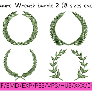 以下が含まれることがあります： さまざまなサイズで8つの月桂樹の輪の刺繍デザインのセット。デザインは緑色で、プロジェクトにエレガントなタッチを加えるのに最適です。