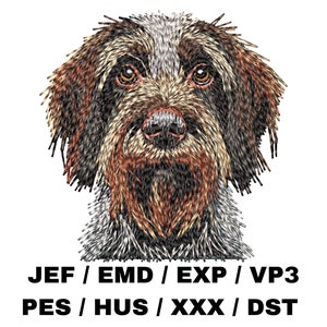 Peut inclure: Broderie représentant la tête d'un chien brun et blanc avec une expression sérieuse. La tête du chien est tournée vers l'avant. Le motif est réalisé dans différentes nuances de brun, de blanc et de noir. Le texte "JEF / EMD / EXP / VP3 PES / HUS / XXX / DST" est situé sous la tête du chien.