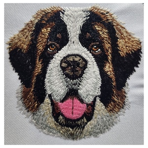 May include: Embroidered patch of a Saint Bernard dog's face. The dog has brown, black, and white fur, and its tongue is sticking out. The patch is on a white background.