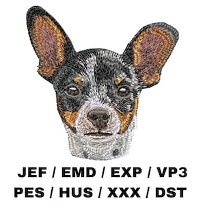 May include: Embroidered design of a black, white, and brown Chihuahua dog with brown ears. The dog is looking directly at the viewer.