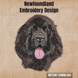 May include: An embroidery design featuring a detailed portrait of a black Newfoundland dog with a pink tongue hanging out. The text 'Newfoundland Embroidery Design' appears at the top, and 'INSTANT DOWNLOAD' is printed at the bottom.