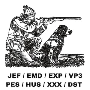 Può includere: Illustrazione in bianco e nero di un cacciatore inginocchiato che mira con un fucile, con un cane seduto accanto a lui. L'immagine include il testo in basso: JEF / EMD / EXP / VP3 PES / HUS / XXX / DST.