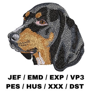May include: Embroidered design of a black and tan Bloodhound dog's head. The dog's ears are floppy and its eyes are brown. The design is suitable for embroidery projects.