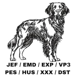 May include: Black and white line art illustration of a dog. The dog is standing with its head held high and its tail curled. The dog is facing the viewer. The image is suitable for embroidery.