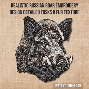 Diseño realista de bordado de jabalí ruso: patrón de bordado a máquina para cazar chaquetas y bolsos.
