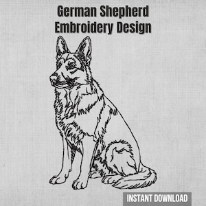 Peut inclure: Dessin au trait noir et blanc d'un berger allemand assis. Le texte "German Shepherd Embroidery Design" et "Instant Download" est inclus. Le fond est texturé et gris clair.