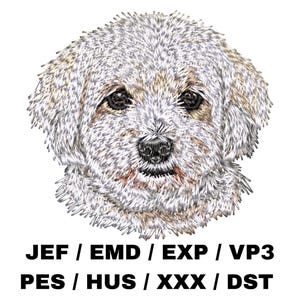 May include: Embroidered image of a dog's face, with a fluffy, light-coloured coat and brown accents around the eyes and ears. The dog has dark eyes and a black nose. Below the image are the text: JEF / EMD / EXP / VP3 PES / HUS / XXX / DST.