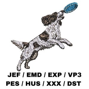 May include: An embroidered design of a dog leaping to catch a blue frisbee. The dog is white and brown with detailed fur. The image includes the text "JEF / EMD / EXP / VP3 PES / HUS / XXX / DST" in black.