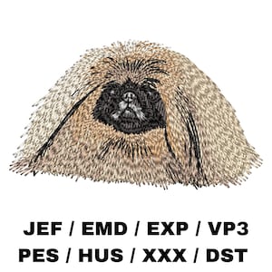 May include: Embroidered image of a Pekingese dog with a fluffy brown and white coat. The dog is looking directly at the viewer. The image is surrounded by text that reads "JEF / EMD / EXP / VP3 PES / HUS / XXX / DST".