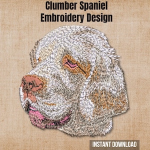May include: An embroidery design featuring a Clumber Spaniel dog head with white and tan fur, pinkish nose and tongue, and dark eyes. The text Clumber Spaniel Embroidery Design and Instant Download is displayed in black lettering on a tan background.