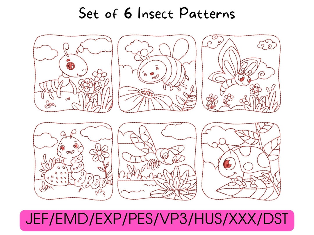 Set of 6 Insect Redwork Embroidery - Instant Download, Line Pattern ...