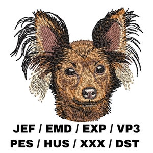 May include: Embroidered design of a brown and black Russian Toy Terrier with large ears. The design is suitable for embroidery projects using JEF, EMD, EXP, VP3, PES, HUS, XXX, and DST file formats.