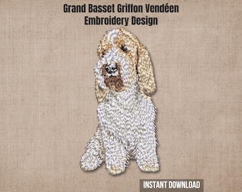 May include: An embroidery design of a Grand Basset Griffon Vendéen dog with tan and white fur. The text "Grand Basset Griffon Vendéen Embroidery Design" appears at the top, and "INSTANT DOWNLOAD" is printed in a dark rectangle at the bottom.