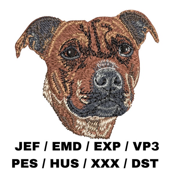Staffordshire Bull Terrier fichier de broderie - Staffy, chien réaliste, race bien-aimée, amoureux des chiens, projet amusant, grosse tête, broderie tendance