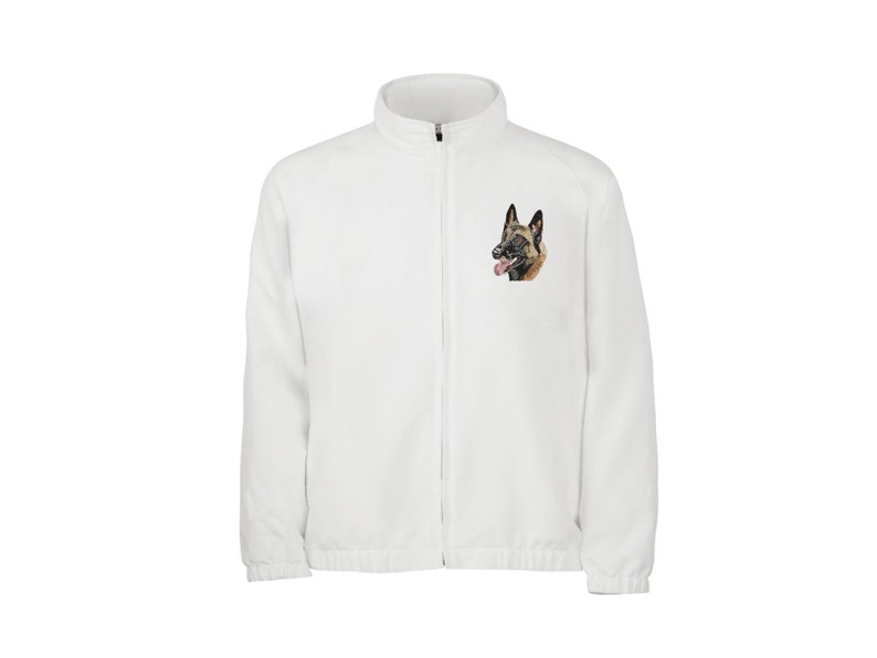 May include: White zip-up jacket with a high collar. A detailed illustration of a Belgian Malinois dog's head is embroidered on the left chest. The dog has brown and black fur, with its tongue sticking out.