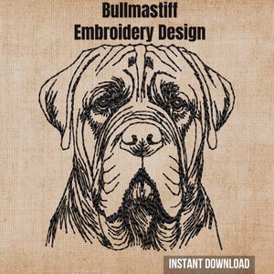 May include: A black line art embroidery design of a Bullmastiff dog head centred on a tan textured background. The text Bullmastiff Embroidery Design appears at the top, and the text INSTANT DOWNLOAD is located at the bottom right corner.