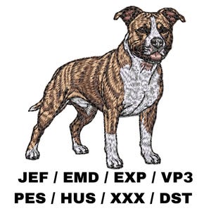 May include: An embroidered illustration of a dog with a brindle coat and white markings. The dog is standing, with detailed stitching highlighting its muscular form. The image includes text at the bottom: JEF / EMD / EXP / VP3 PES / HUS / XXX / DST.