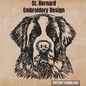 May include: A black thread embroidery design of a St. Bernard dog head on a tan textured background. The text St. Bernard Embroidery Design is centred at the top, and the text INSTANT DOWNLOAD is located in the bottom right corner of the image.