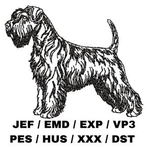 Op de afbeelding: Zwart-witte lijntekening van een Schnauzer die staat met zijn staart gekruld. De hond kijkt naar links in de afbeelding. De afbeelding bevat de tekst "JEF / EMD / EXP / VP3 PES / HUS / XXX / DST".