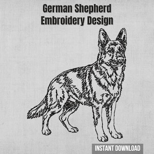 Peut inclure: Motif de broderie noir et blanc d'un berger allemand. Le texte "German Shepherd Embroidery Design" est en haut et "INSTANT DOWNLOAD" en bas.