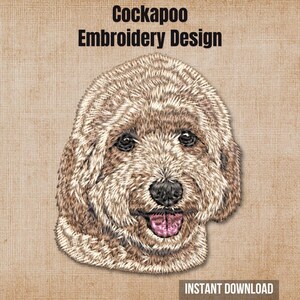 May include: An embroidery design featuring a tan and cream Cockapoo dog face with dark eyes, a black nose, and a pink tongue. The text Cockapoo Embroidery Design is at the top, and the text INSTANT DOWNLOAD is at the bottom on a textured background.