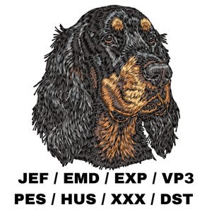 May include: An embroidered image of a dog's head, featuring a black and tan Gordon Setter. The dog's fur is detailed with various shades of black, brown, and tan. The image includes the text: JEF / EMD / EXP / VP3 PES / HUS / XXX / DST.