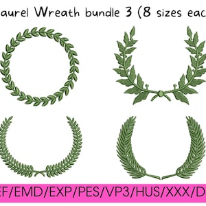 May include: A set of four green laurel wreath embroidery designs in eight different sizes. The designs are for embroidery machines and are available in JEF, EMD, EXP, PES, VP3, HUS, XXX, and DST formats.