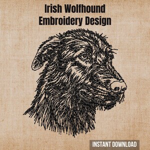 Pode incluir: Um design de bordado com uma ilustração em fio preto da cabeça de um lebréu irlandês de perfil. O texto "Irish Wolfhound Embroidery Design" aparece no topo e "INSTANT DOWNLOAD" está impresso numa caixa no canto inferior direito.