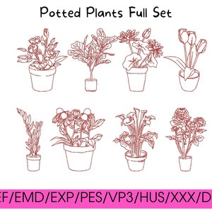 May include: A set of eight potted plant designs in a line drawing style. The plants include roses, a fiddle-leaf fig, water lilies, tulips, and more. The text "Potted Plants Full Set" is at the top. The bottom has file format abbreviations.