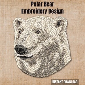 May include: An embroidery design featuring the head of a polar bear with white and grey thread detailing. The text Polar Bear Embroidery Design is displayed at the top, and the text INSTANT DOWNLOAD is located at the bottom of the image.