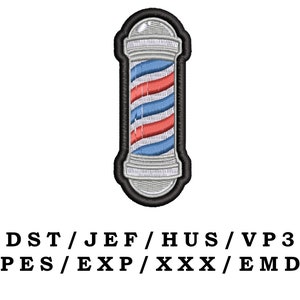 May include: A red, white, and blue barber pole with a silver base. The pole is surrounded by a black outline.