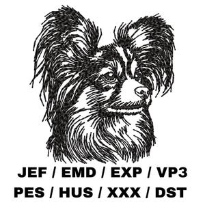 May include: Black and white line art illustration of a Papillon dog with long, flowing ears. The dog is looking to the right of the image. The image includes the text "JEF / EMD / EXP / VP3 PES / HUS / XXX / DST".