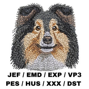 May include: Embroidered image of a Shetland Sheepdog with black, brown, and white fur. The dog is looking directly at the viewer with a friendly expression. The image is suitable for embroidery projects.