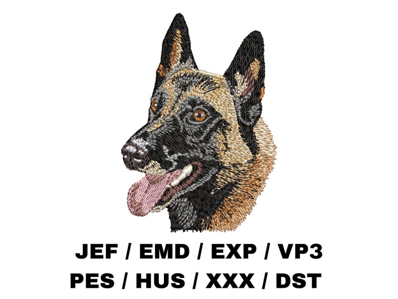 May include: Embroidered image of a German Shepherd dog's head, with detailed stitching in black, brown, and tan. The dog has a pink tongue and brown eyes. The image includes the text "JEF / EMD / EXP / VP3" and "PES / HUS / XXX / DST" in black.