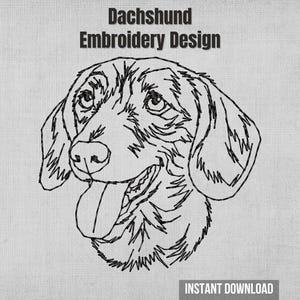 May include: A black line art embroidery design of a dachshund head with its tongue hanging out, set against a light gray textured background. The text "Dachshund Embroidery Design" appears at the top, and "INSTANT DOWNLOAD" is at the bottom.