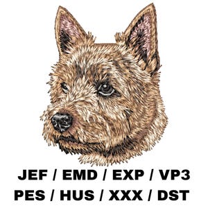 May include: Embroidered image of a dog's head, with detailed stitching in shades of brown and tan. The dog has alert eyes and a black nose. The image includes the text: JEF / EMD / EXP / VP3 PES / HUS / XXX / DST.