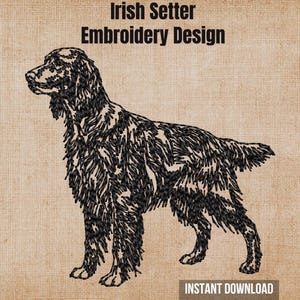 May include: An embroidery design featuring a black line art illustration of an Irish Setter dog standing in profile. The text "Irish Setter Embroidery Design" is printed at the top, and "INSTANT DOWNLOAD" is printed at the bottom.